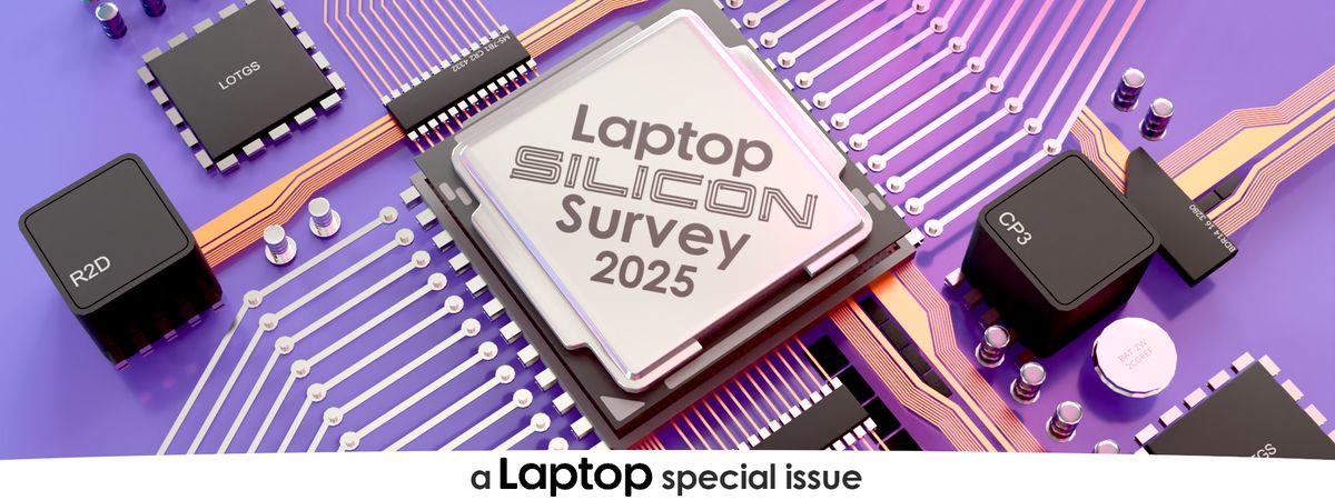 3D render of a computer processor surrounded by various computing components and circuitry on a purple background. The processor has &#039;Laptop Silicon Survey 2025&#039; branding, a banner along the bottom of the image reads: &#039;a Laptop special issue.&#039; - Image is a part of the Laptop Mag Silicon Survey 2025 special issue.