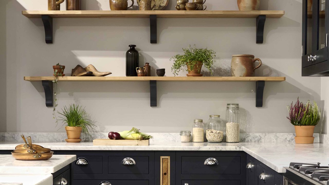 kitchen countertop blue shaker kitchen with open wooden shelving 