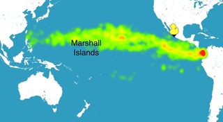 Marine debris drifting westward over time across the Pacific.