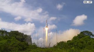 A Soyuz rocket carrying the French military spy satellite CSO-2 launches from the Guiana Space Center in Kourou, French Guiana on Dec. 29, 2020 in the final Arianespace flight of 2020.