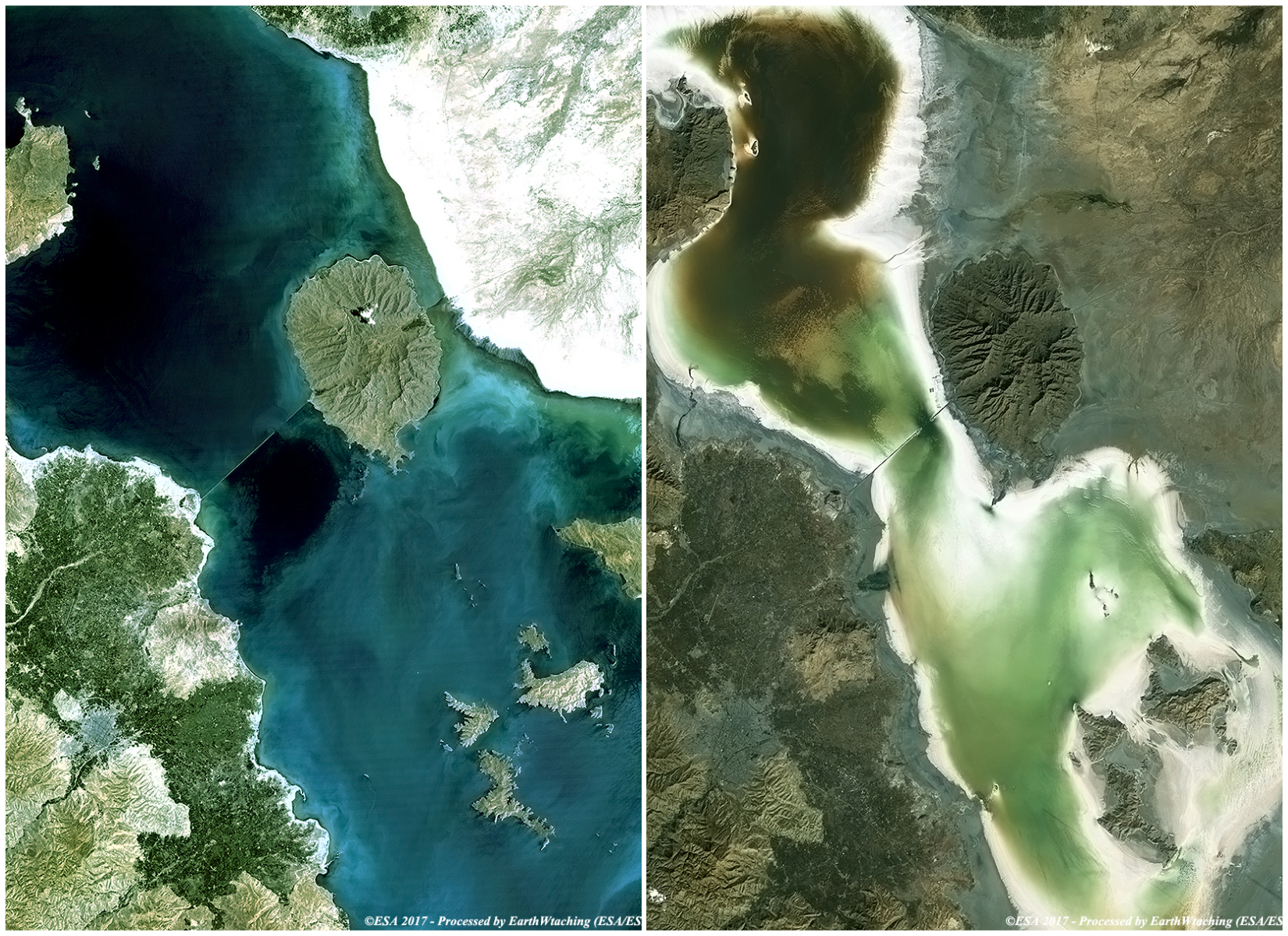 Two satellite images of Lake Urmia in northwest Iran showing how much the lake shrank between 1989 and 2016.