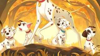 Several puppies from 101 Dalmatians crowd at the feet of their papa pup, with appropriately cute expressions.