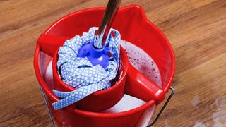 A mop being wrung out in a bucket