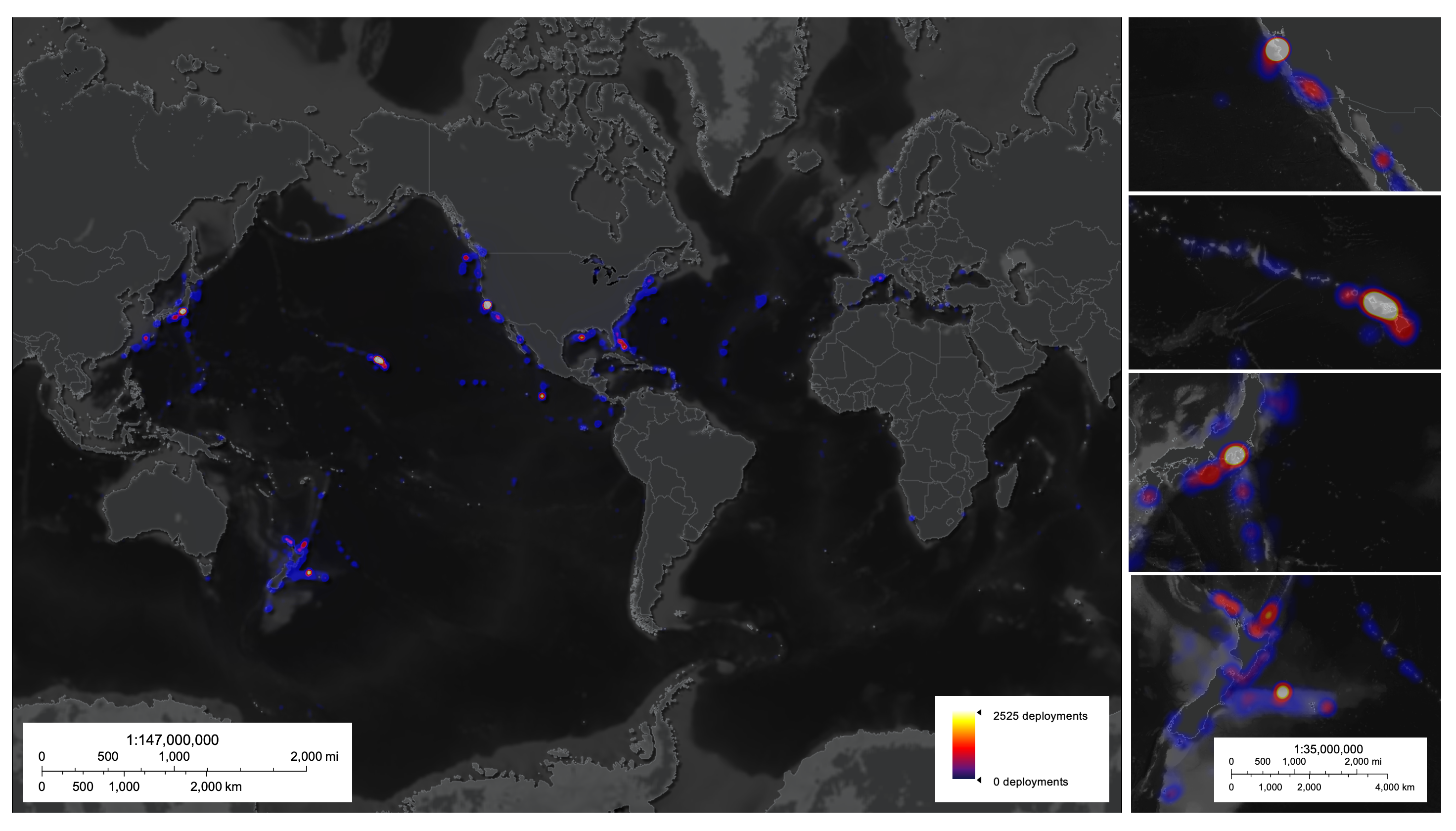 The heatmap represents the number of dive activities per 250 km2.