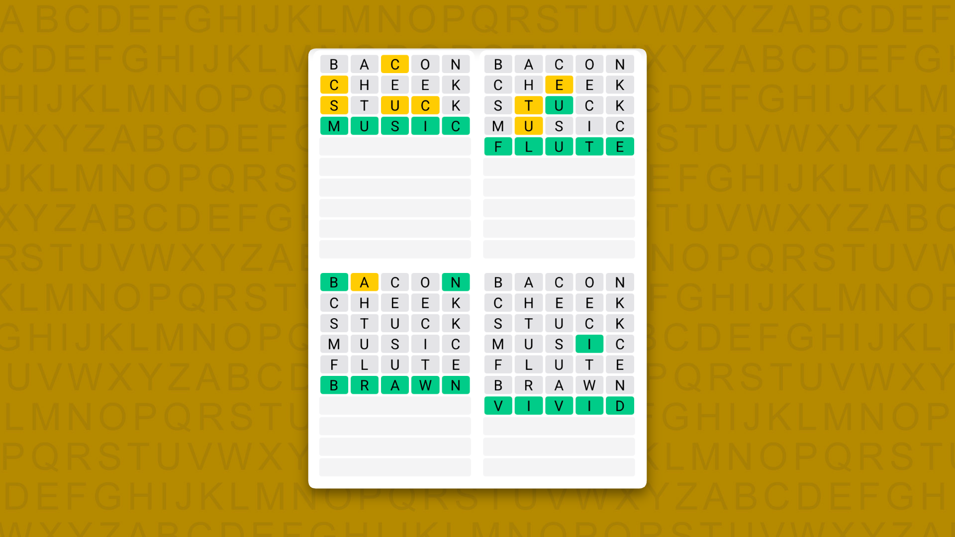 Quordle Daily Sequence answers for game 1714 on a yellow background