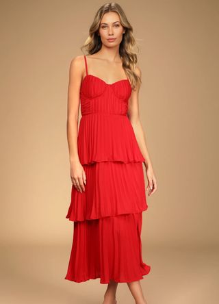 Lulus Cascading Crush Red Tiered Bustier Midi Dress