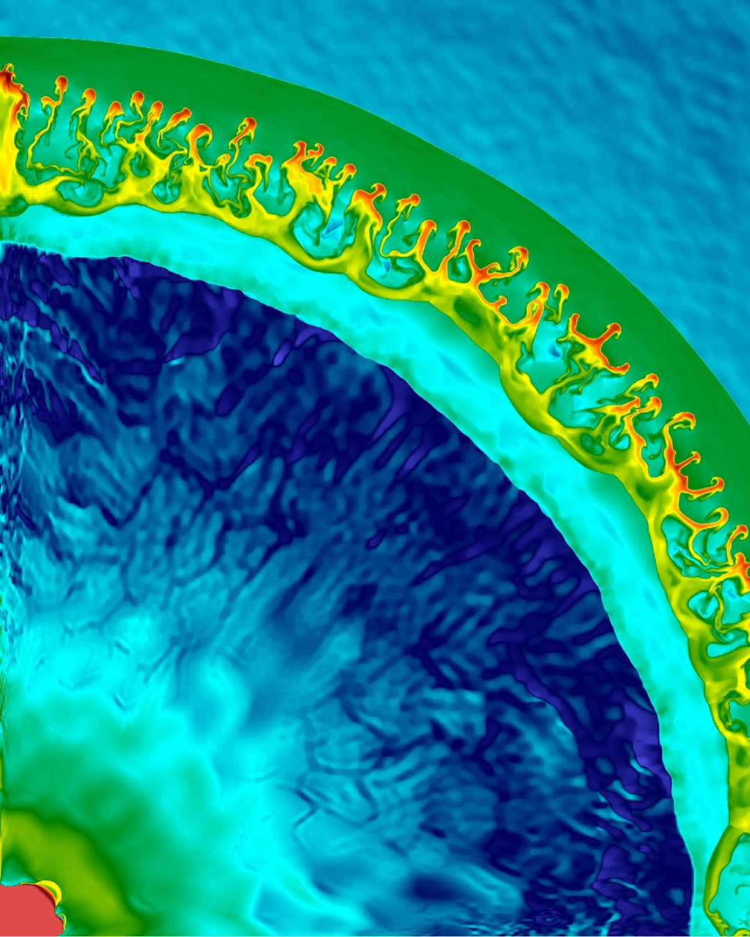 The simulation shows shockwaves from the supernova and the ejected matter colliding with the surrounding shell of already ejected material.