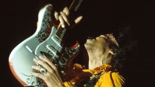 Jimi Hendrix (1942-1970) performs onstage at the Monterey Pop Festival on June 18, 1967 in Monterey, California.