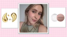 A template with earrings and Anastasia Beverly Hills brow freeze and a picture of writer, Naomi Jamieson for an article on the best viral tiktok products in the Prime Day sale/ in a pink template