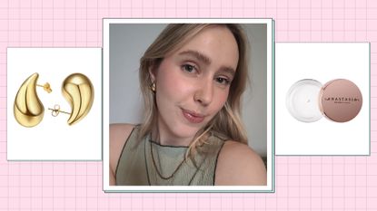 A template with earrings and Anastasia Beverly Hills brow freeze and a picture of writer, Naomi Jamieson for an article on the best viral tiktok products in the Prime Day sale/ in a pink template