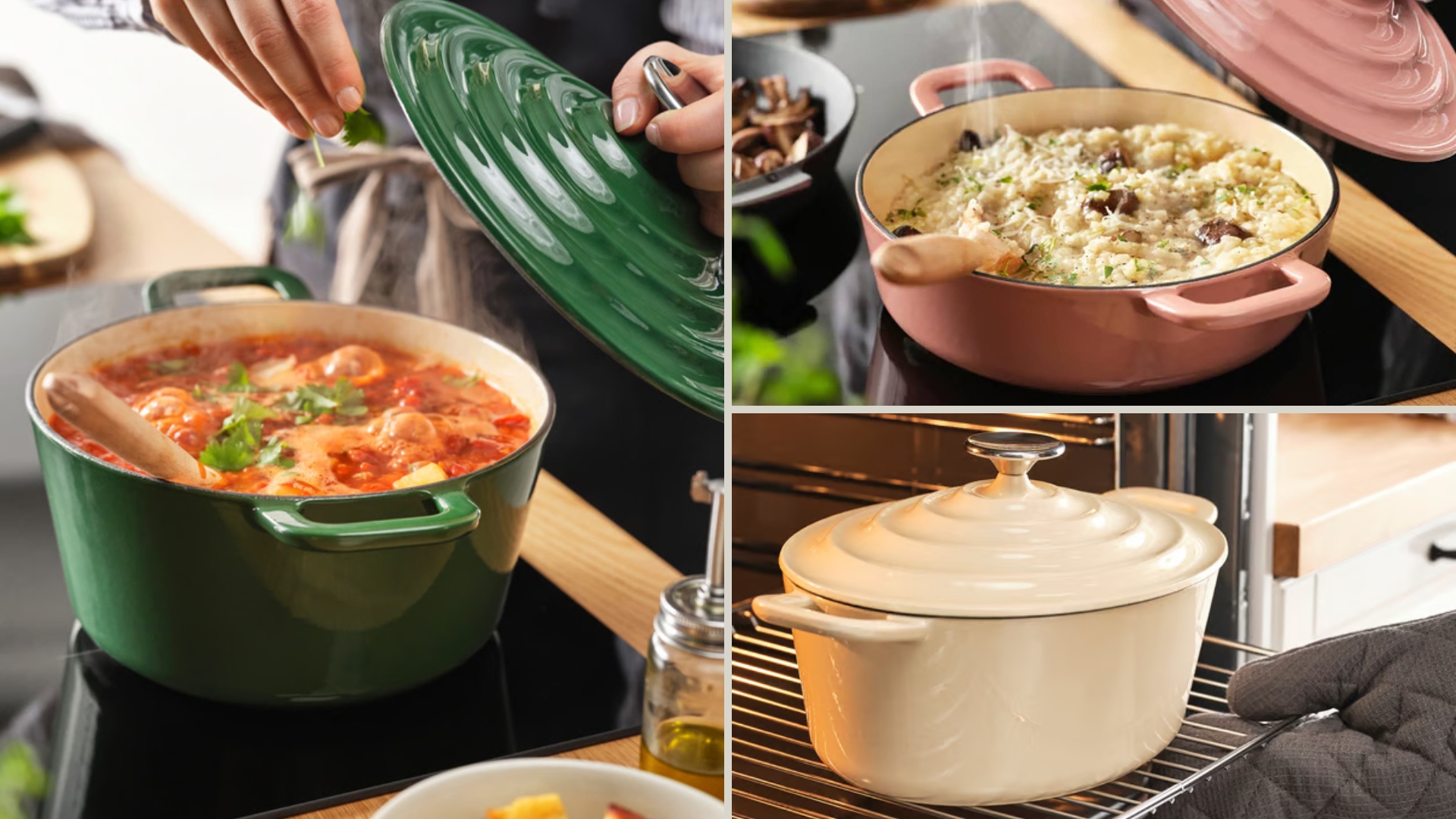 The IKEA Vardagen Casserole Dish being used to cook in a cosy kitchen with wooden countertops