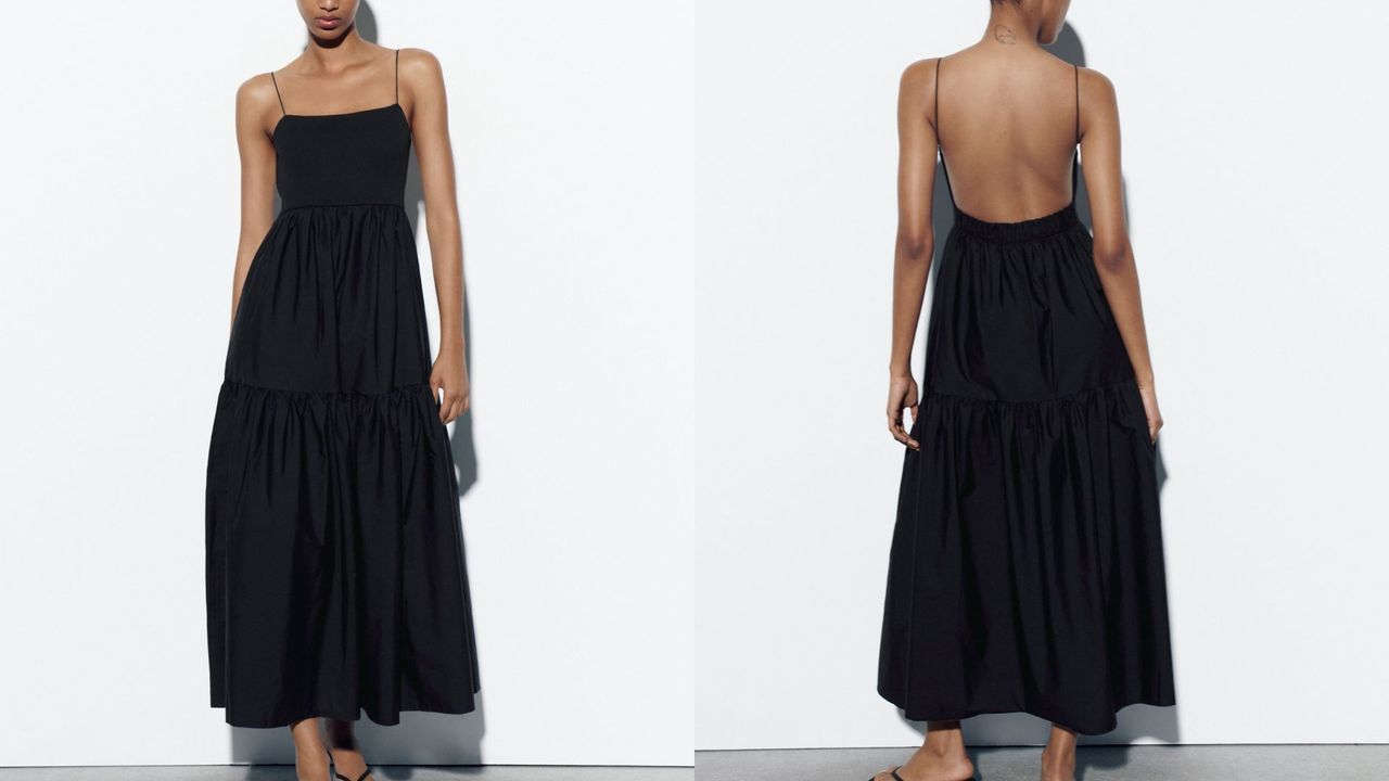 composite of model wearing black tiered zara maxi dress
