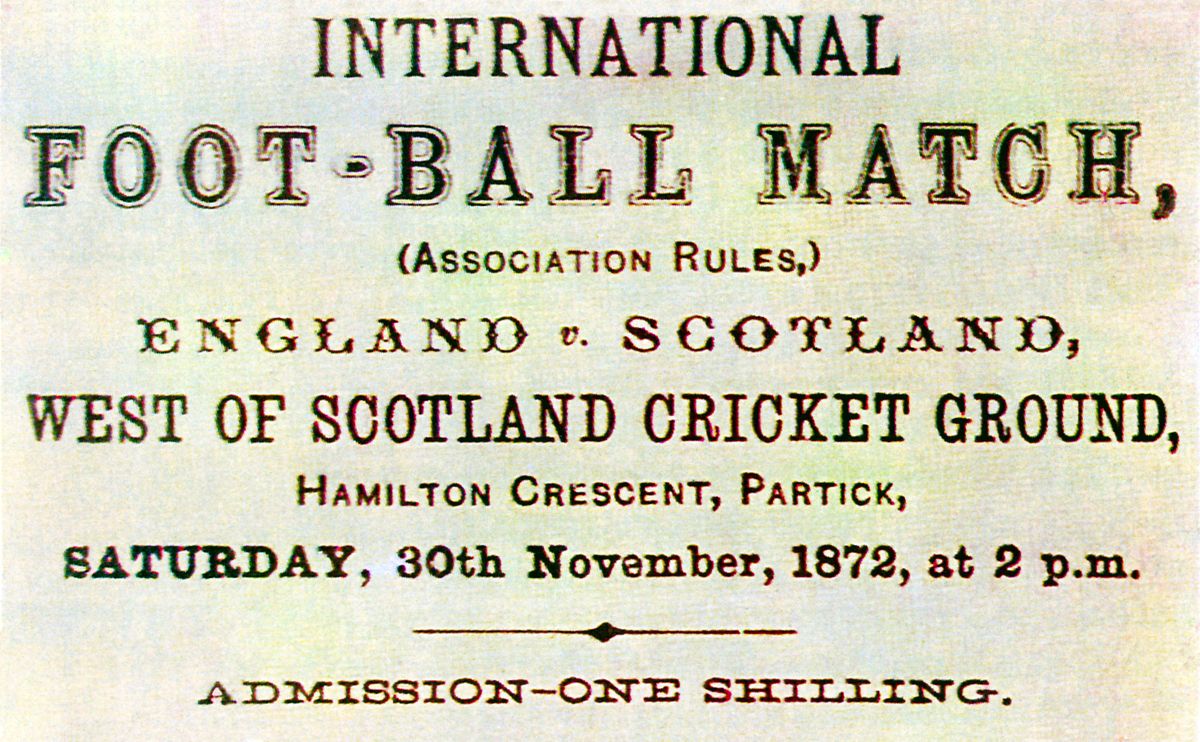 A ticket for the first official international football match, between Scotland and England at West of Scotland Cricket Ground in Glasgow, 1872