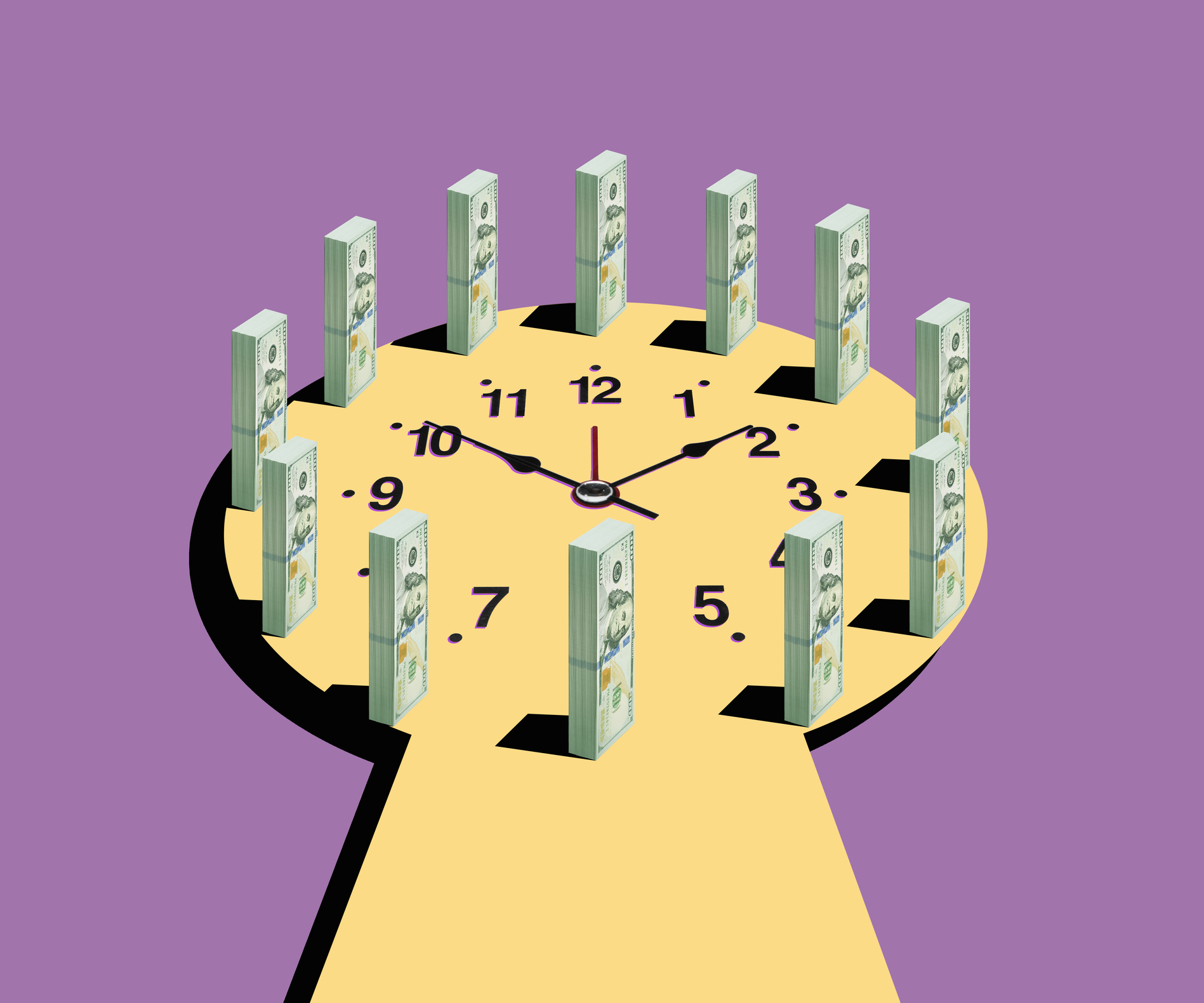 Clock face on key hole shaped yellow surface surrounded by bundles of US paper currency