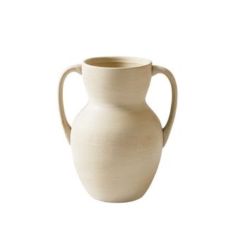 A short Ceramic Handled Distressed Vase in Cream