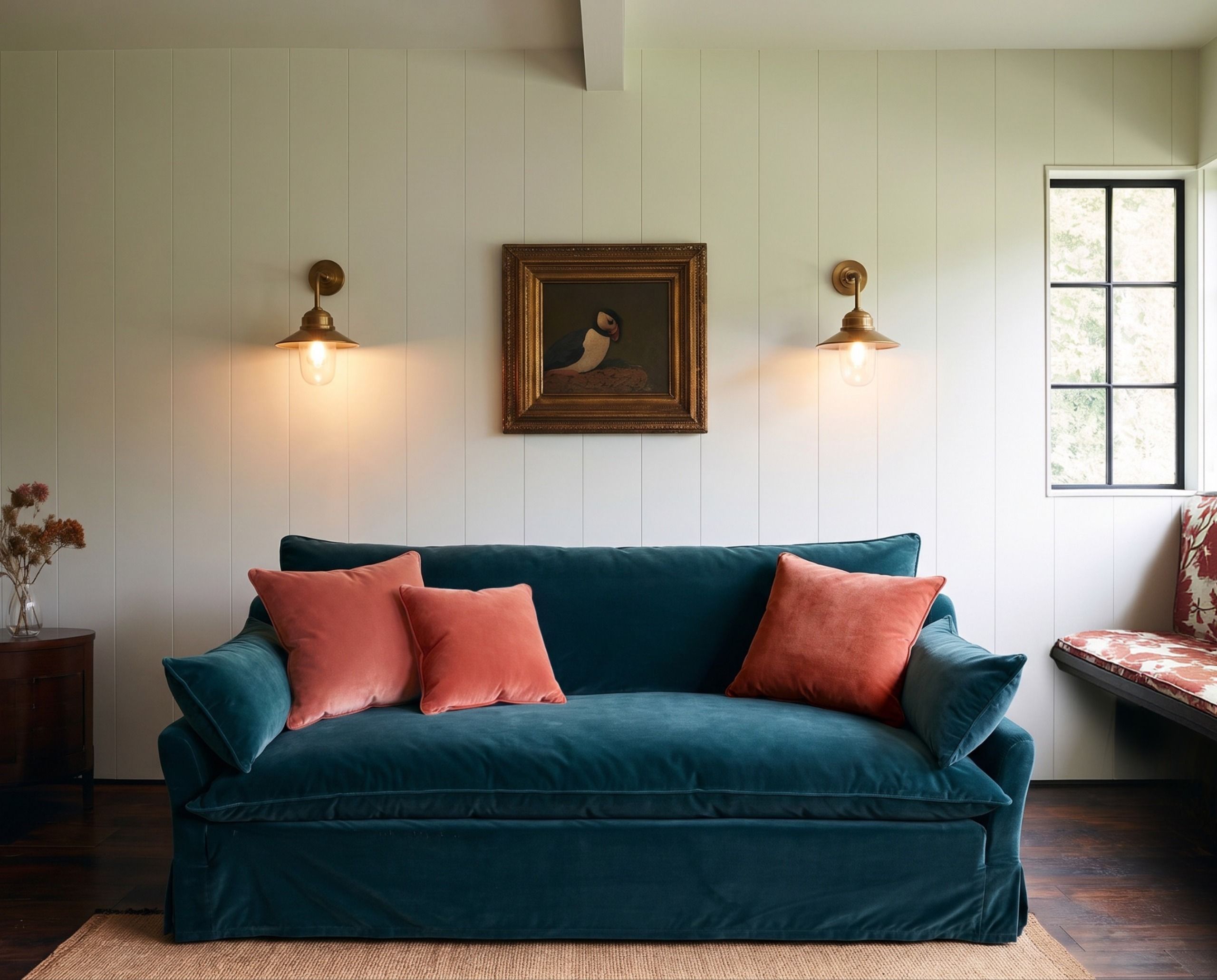 Image of a dark teal velvet sofa with coral pillow in a room with white paneled wood walls.
