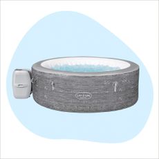 A grey Lay-Z-Spa hot tub on a blue and white background
