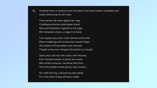 Google Gemini Advanced producing a Shakespearean sonnet about the console wars
