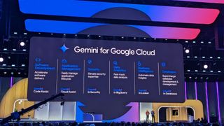 A screen showing the various iterations of Gemini for Google Cloud at the keynote of Google Cloud Next.