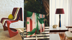 an image of a chair holding a maroon blanket with white, yellow, and black stripes, an image of a towel hanging on a clothes line, and an image of a lamp with a maroon shade