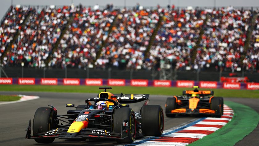 Max Verstappen of Red Bull Racing leading Lando Norris of McLaren at the F1 Grand Prix of Mexico at Autodromo Hermanos Rodriguez.