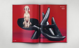 Two paged image of dog sitting on black sculpture and red background