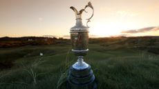 The Claret Jug sits beside the green at the par 3, eighth hole 'The Postage Stamp' during the Open Championship Media Day at Royal Troon Golf Club on April 26, 2016 in Troon, Scotland.
