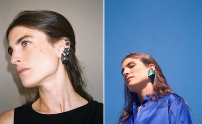 Two separate head shot images of Maria Sole Ferragamo, Left: head to the side, wearing hair tied back, a black dress and black earrings, beige background. Right: hair down, blue blouse and blue earrings, clear blue sky