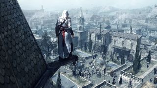 best Assassin's Creed games: Protagonist Altair looking down at the city from a point high above