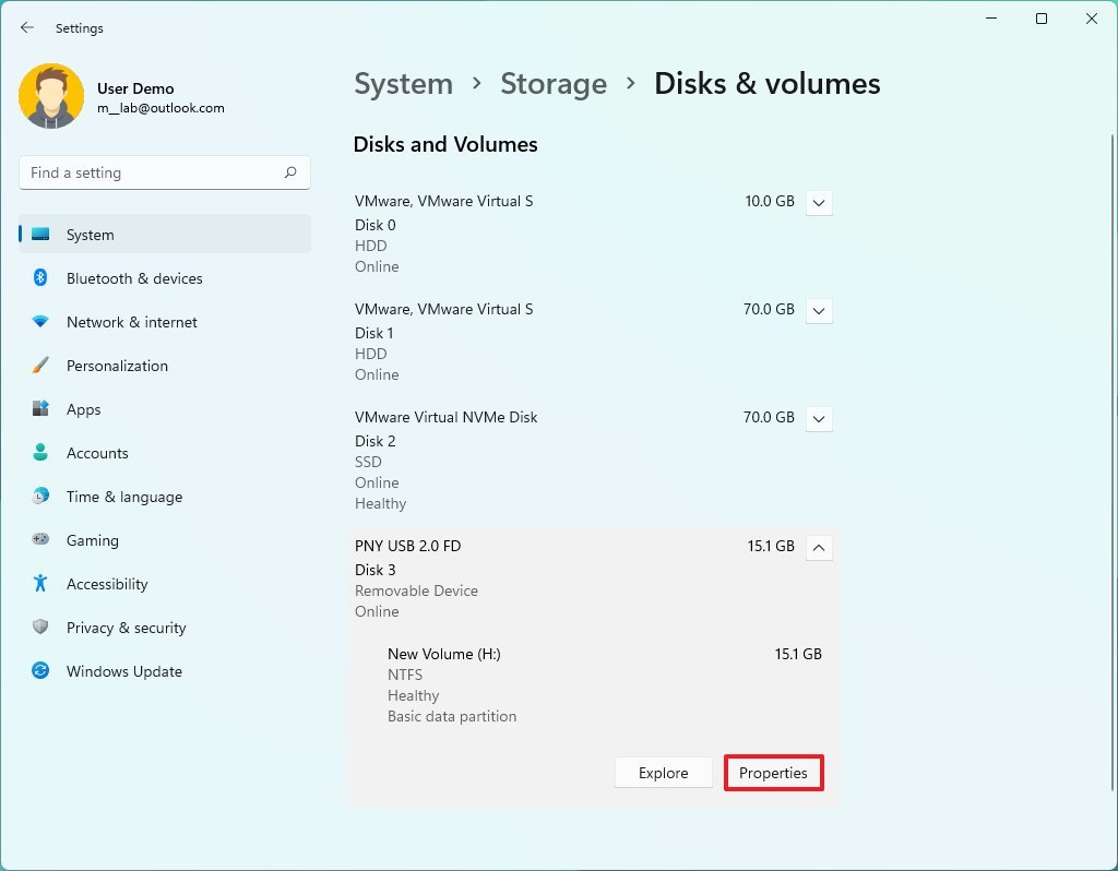 Open USB volume properties