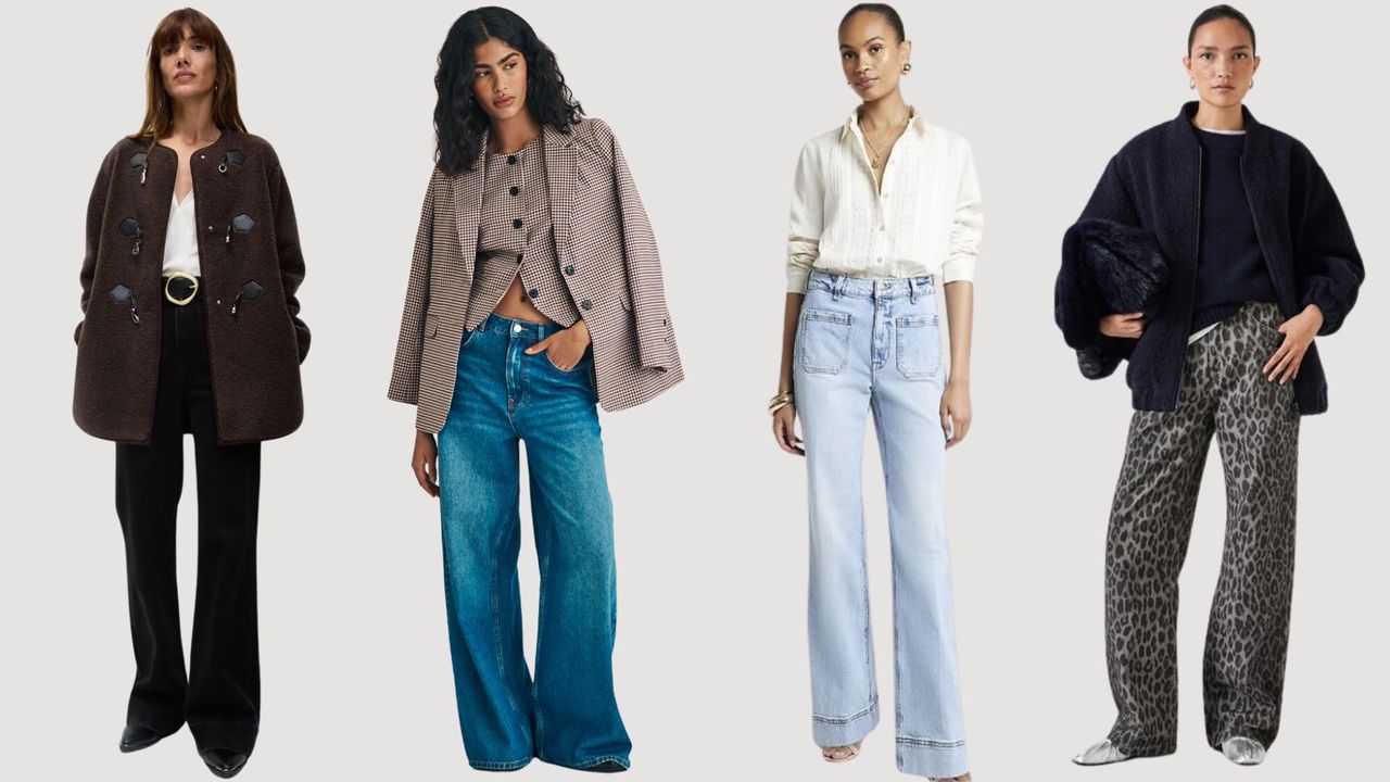 four models wearing wide leg jeans outfits 