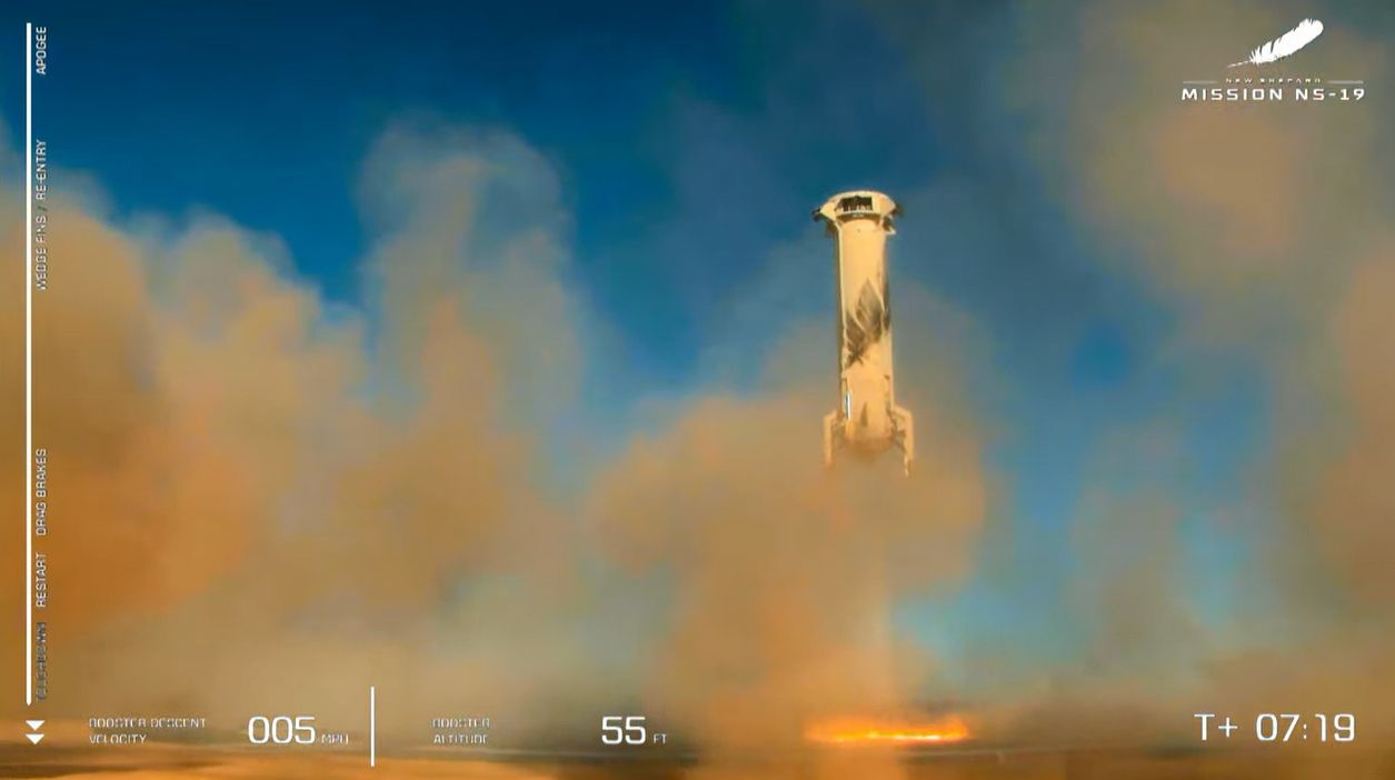 Blue Origin's New Shepard rocket and crew capsule launch the NS-19 space tourism flight with Good Morning America co-anchor Michael Strahan, Laura Shepard Churchley, Dylan Taylor, Evan Dick and Lane and Cameron Bess on board on Dec. 11, 2021 near Van Horn, Texas.