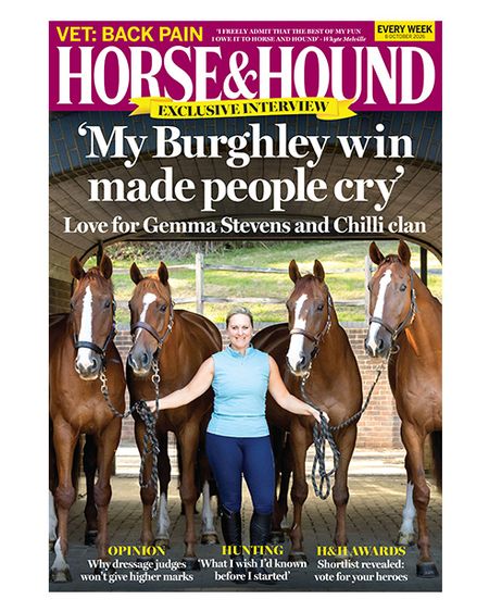 The cover of Horse & Hound magazine, 8 October 2026 edition, featuring Gemma Stevens holding four similar looking chestnut horses