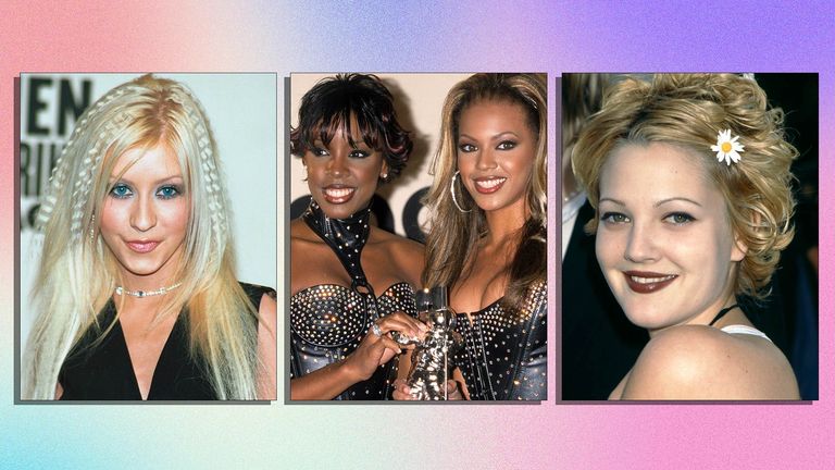 Are Y2K beauty trends making a comback, this montage image features pictures of christina aguilera with crimped hair, destinys child with statement lip liner and drew barrymore with thing eye brows, all trends that were big in the 2000s