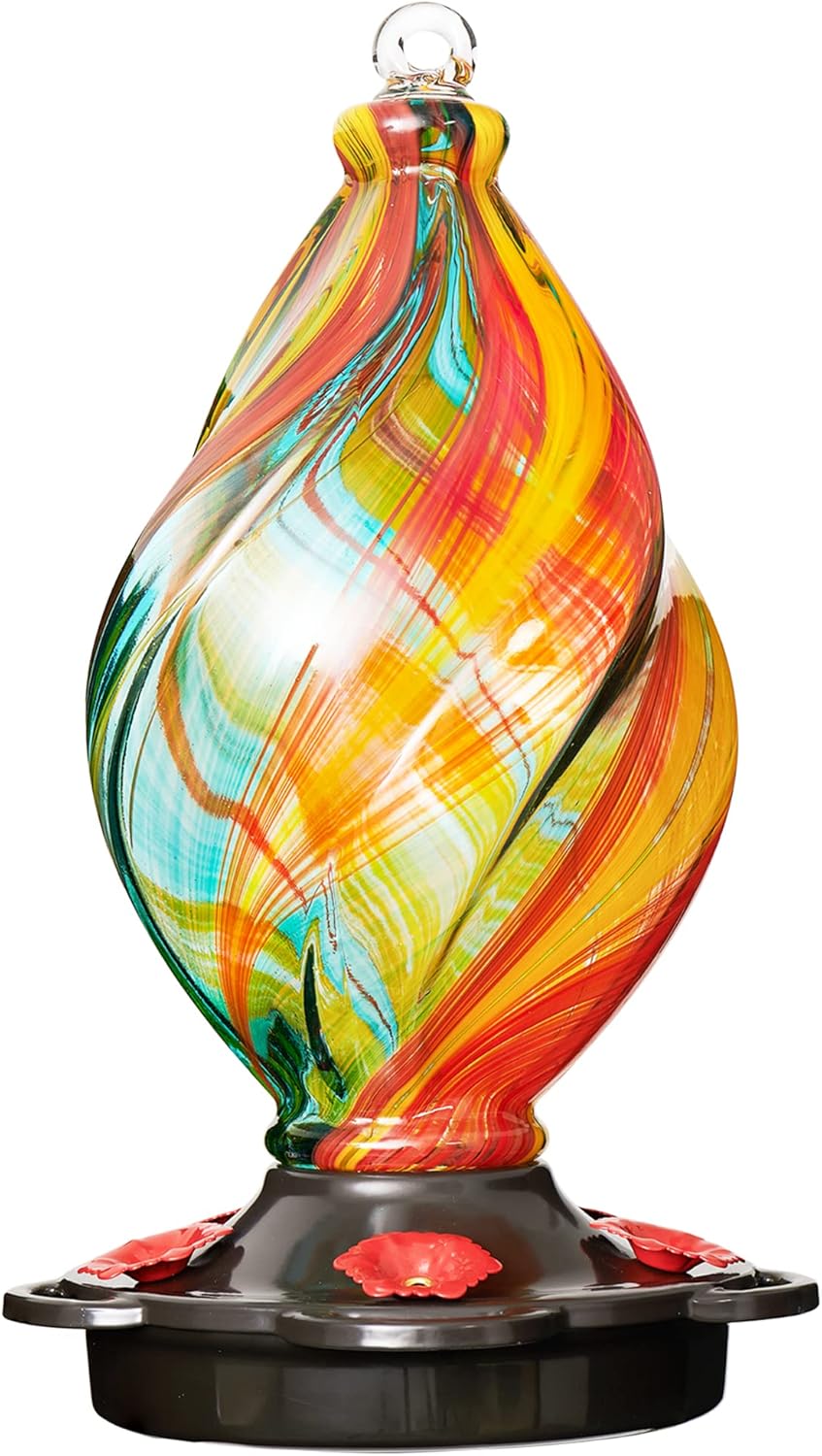Lujii Ice Cream Shaped Spiral Hummingbird Feeder for Outdoors Hanging, Hand Blown Glass, 28 Fl.oz, Leak Proof &amp;amp; Rustproof, Includes an Ant Moat, Unique Garden, Outside &amp;amp; Backyard Decor (ribbon)