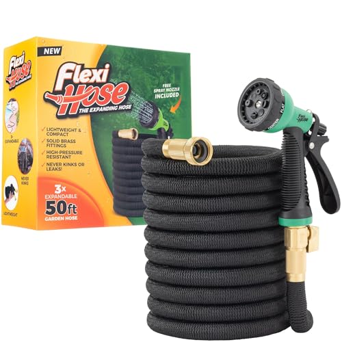Flexi Hose Expandable Garden Hose With 8 Function Nozzle, 50ft - Lightweight Retractable Garden Hose, Water Hose - No-Kink Flexibility, 3/4 Inch Solid Brass Fittings and Double Latex Core