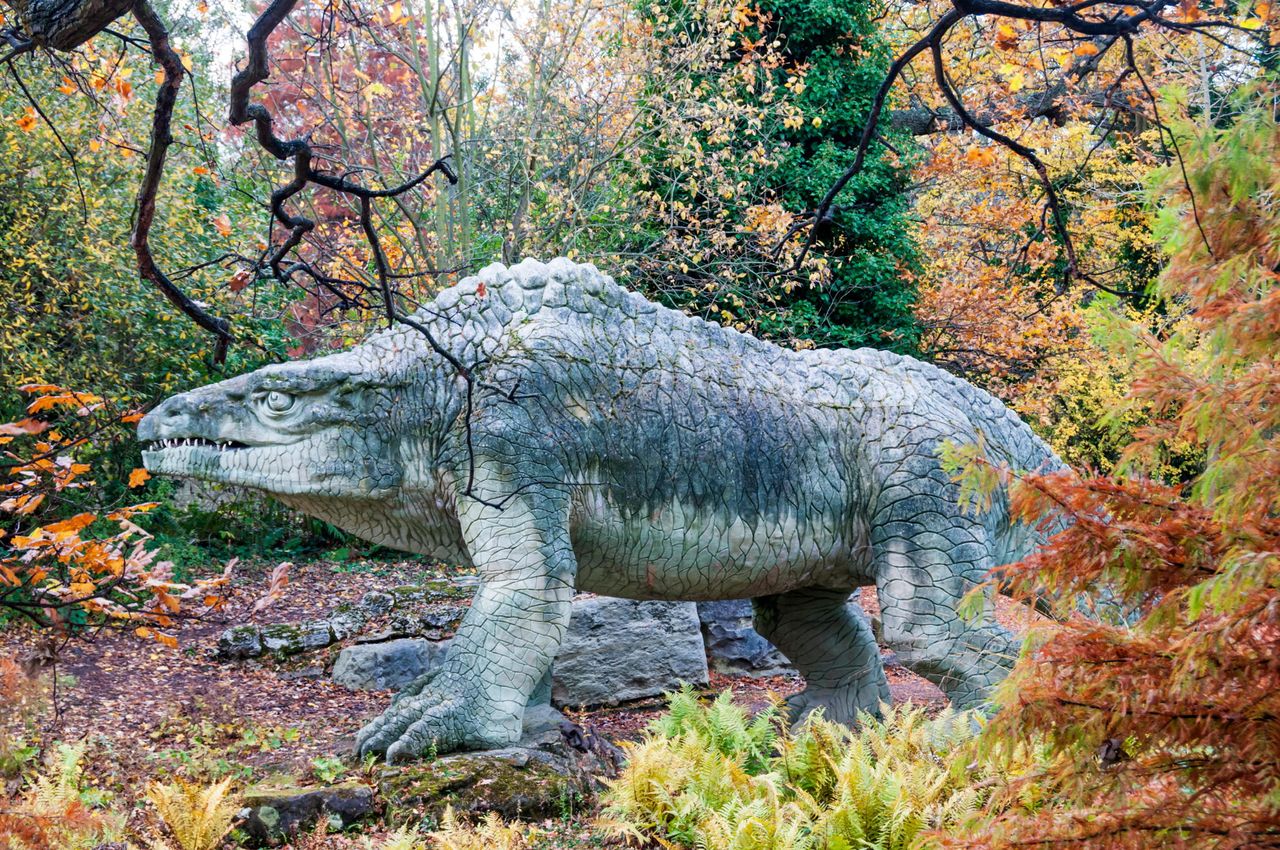 A model of a Megalosaurus in Crystal Palace. The dinosaur was the first &#039;named&#039; example discovered in England.