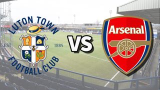 The Luton Town and Arsenal club badges on top of a photo of Kenilworth Road stadium in Luton, England