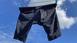 Reebok Men's Howe Long Sports Trunks on a washing line against a blue sky