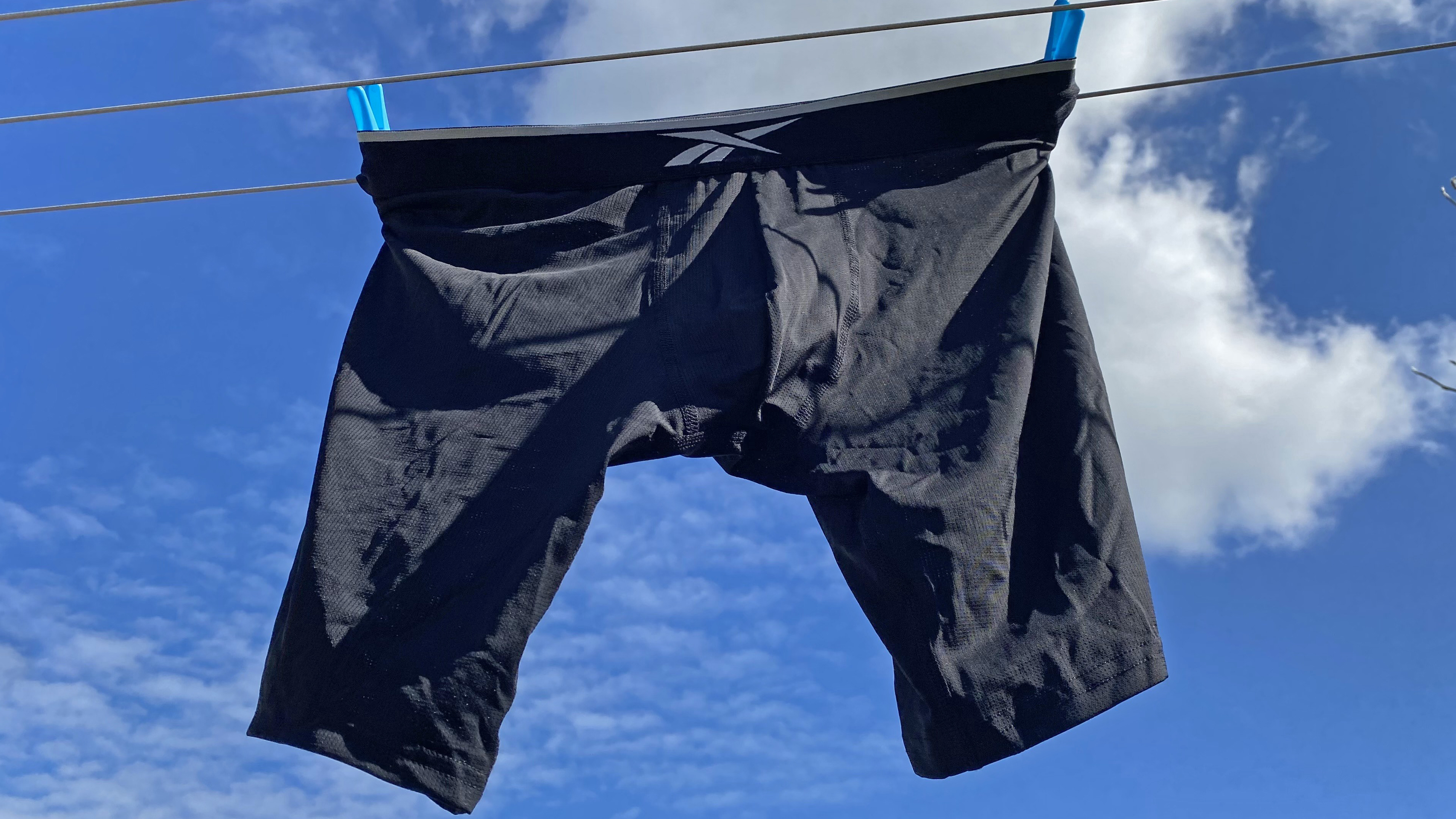 Reebok Men's Howe Long Sports Trunks on a washing line against a blue sky