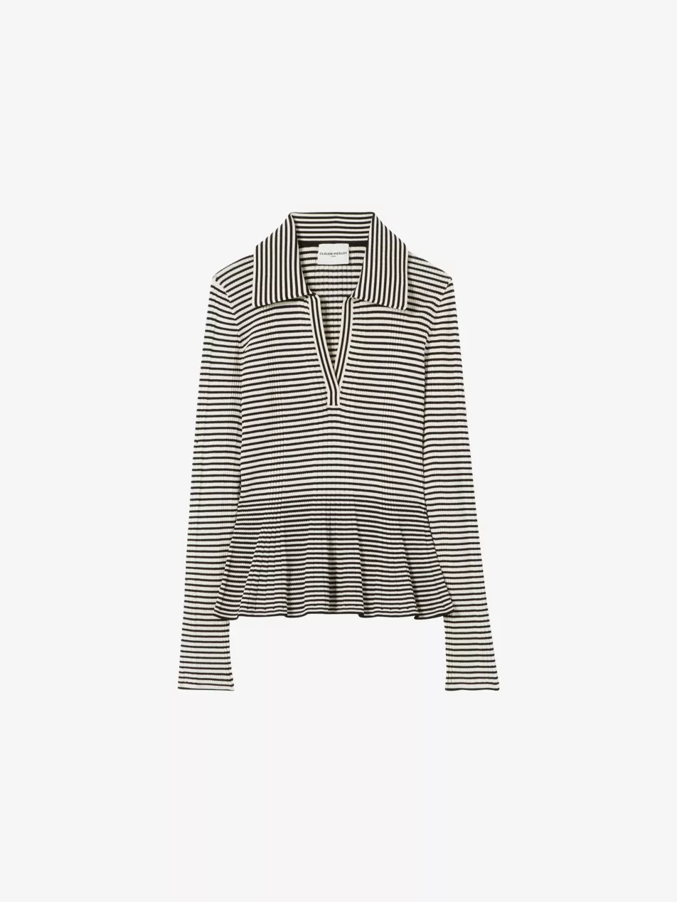 Striped Ribbed Knitted Polo Top - Xs