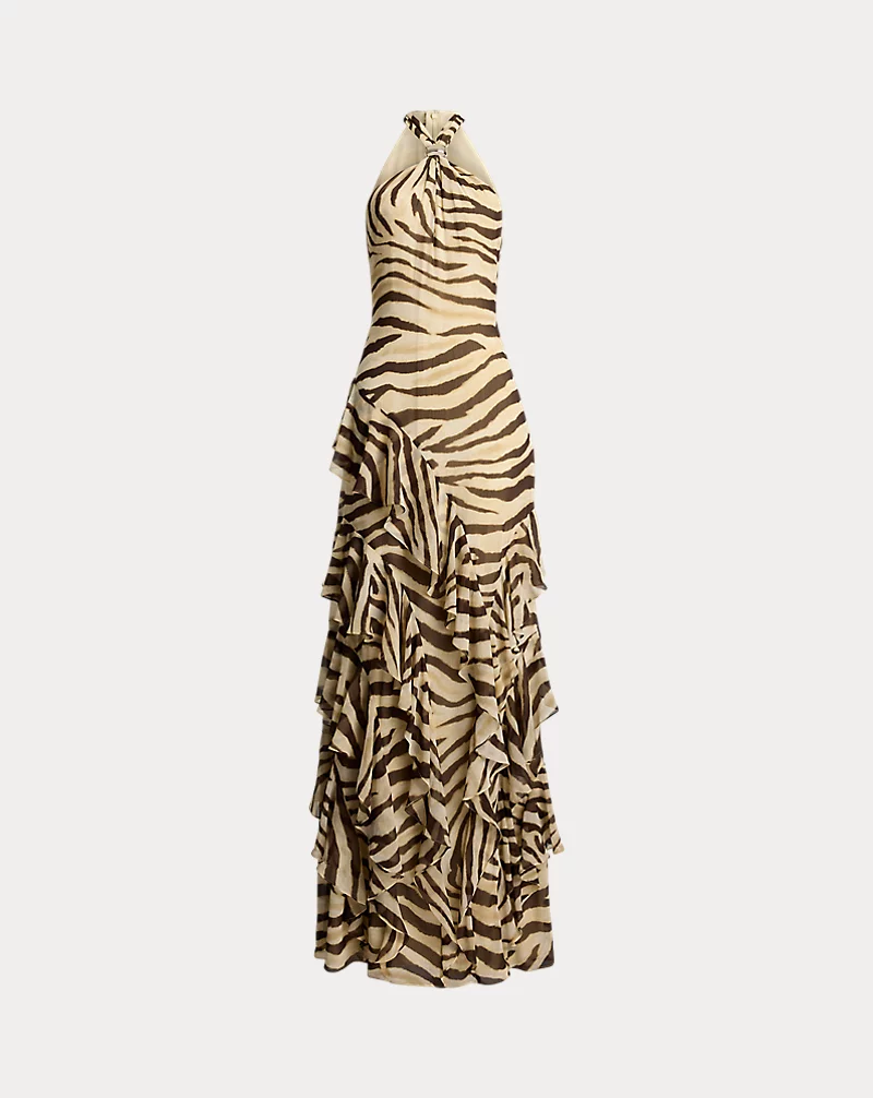 Zebra Print Ruffle Trim Georgette Gown