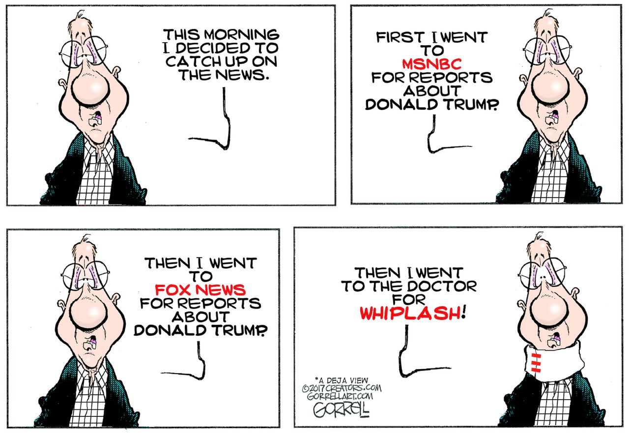 Political cartoon impeachment news MSNBC Fox News whiplash.