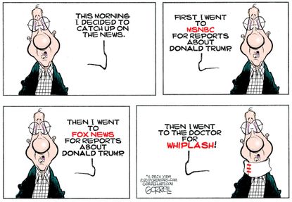 Political cartoon impeachment news MSNBC Fox News whiplash.