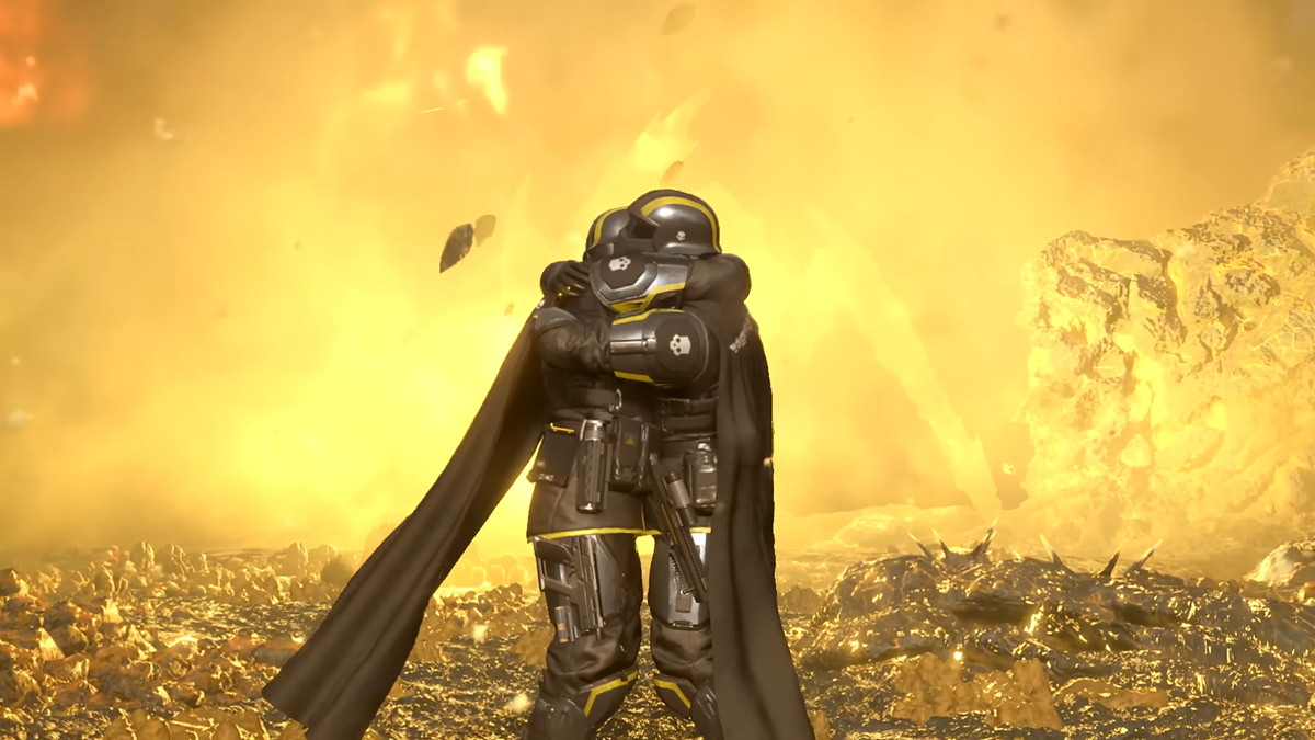 Helldivers 2 two characters hugging as an explosion detonates in the background