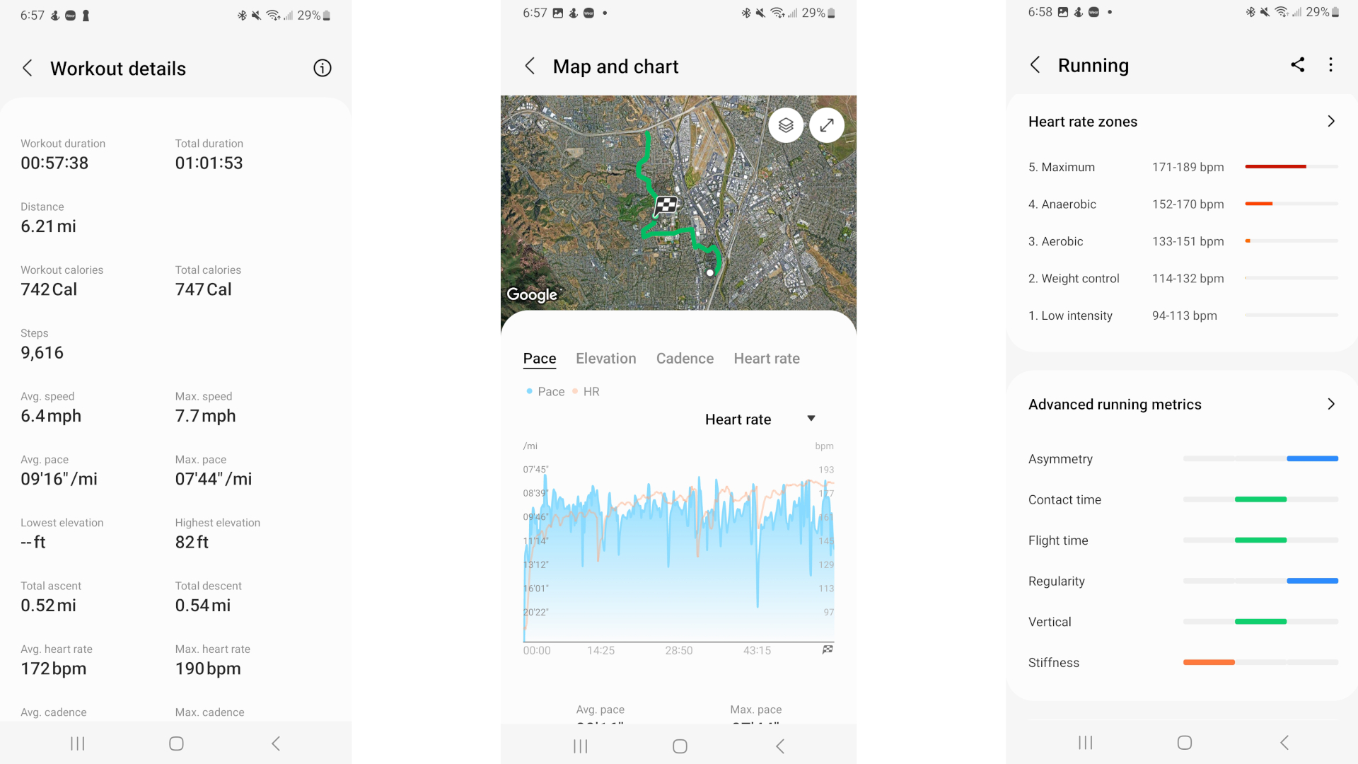 Capturas de tela mostrando os resultados do treino, mapa e métricas de corrida avançadas de uma corrida no Galaxy Watch 6 Classic.