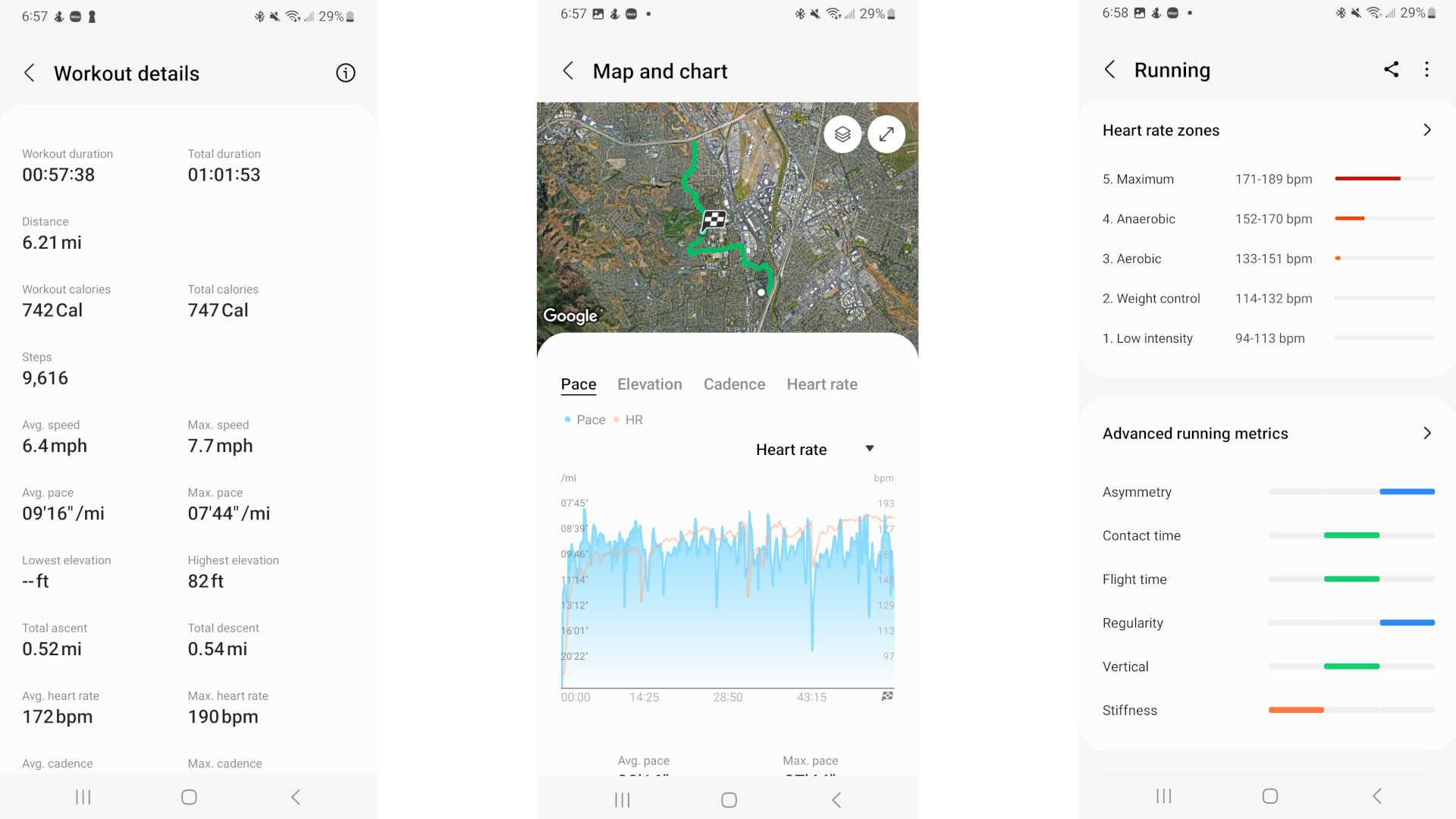 Screenshots showing workout results, map, and advanced running metrics from a run on the Galaxy Watch 6 Classic.
