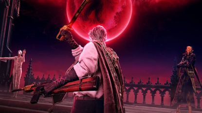 The Duskbloods screenshot shows a character wielding a gun and sword, facing two foes against a red moon.