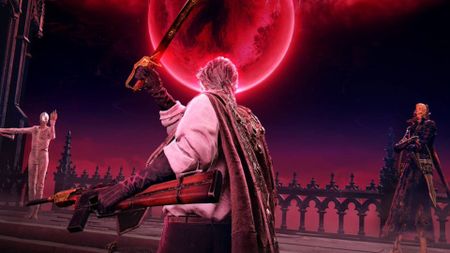 The Duskbloods screenshot shows a character wielding a gun and sword, facing two foes against a red moon.