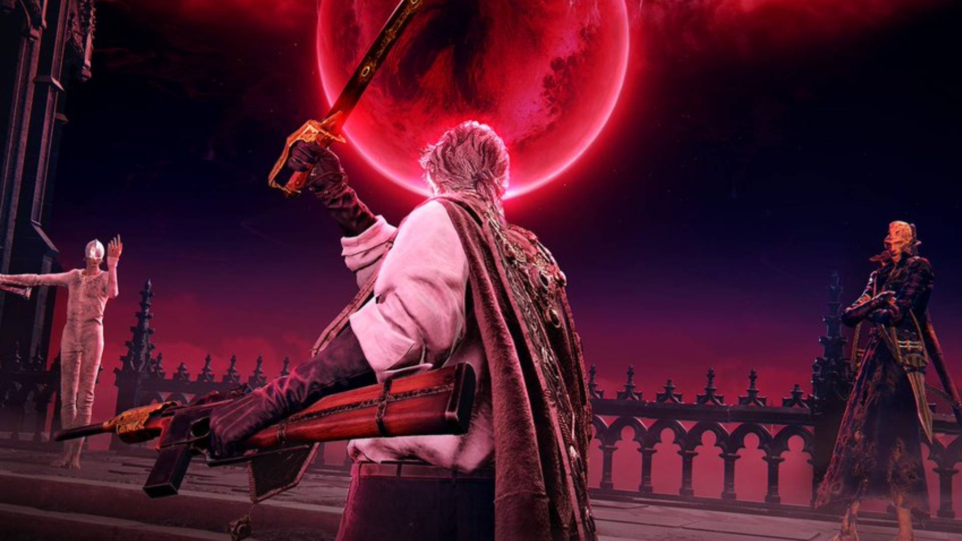 The Duskbloods screenshot shows a character wielding a gun and sword, facing two foes against a red moon.